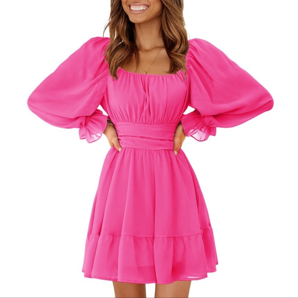 EXLURA Vibrant Pink Long Sleeve Dress